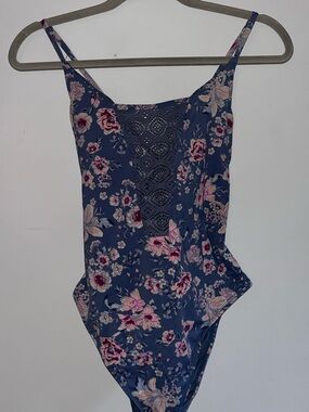 Ardene Blue Floral One-Piece Swimsuit with Lace Panel